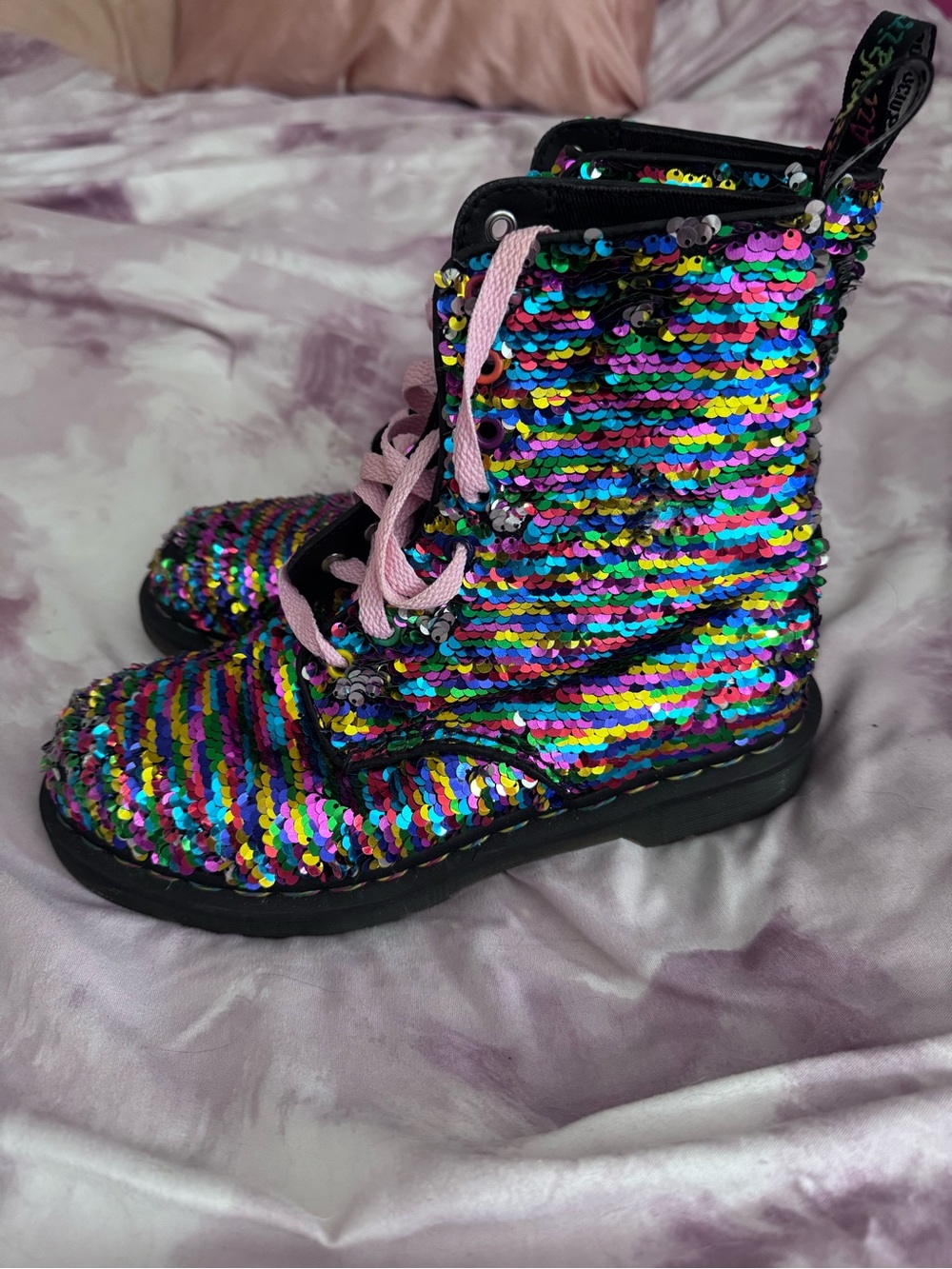 Dr Martens (Doc Martens) Sequin Combat Boots Multi Rainbow to Silver flip sequin